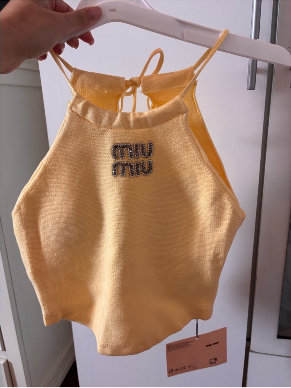 Miu Miu Lemon Yellow Knit Halter Crop with Crystal Logo